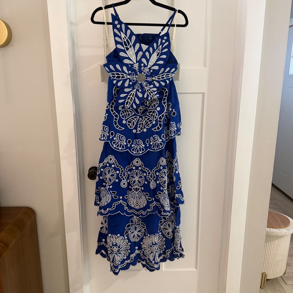 NWT Farm Rio Blue Flower Richelieu Linen Midi Dress Navy Blue Small Boho $398
